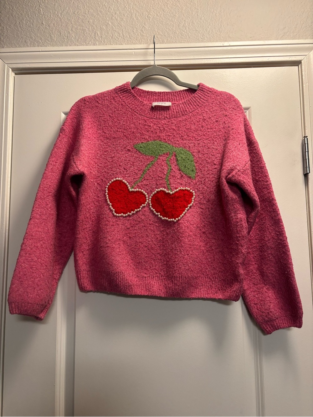 Peach LA Pink Cherry Heart Fuzzy Knit Crewneck Sweater Size Small